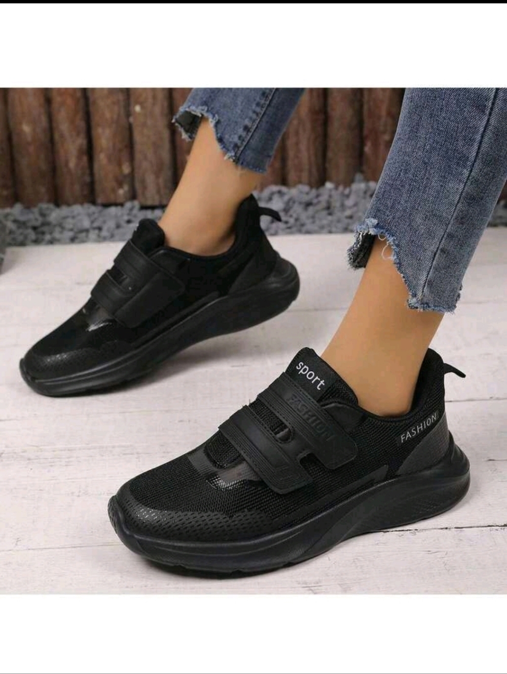 Fashion Women's Black Sport Sneakers - Velcro Strap